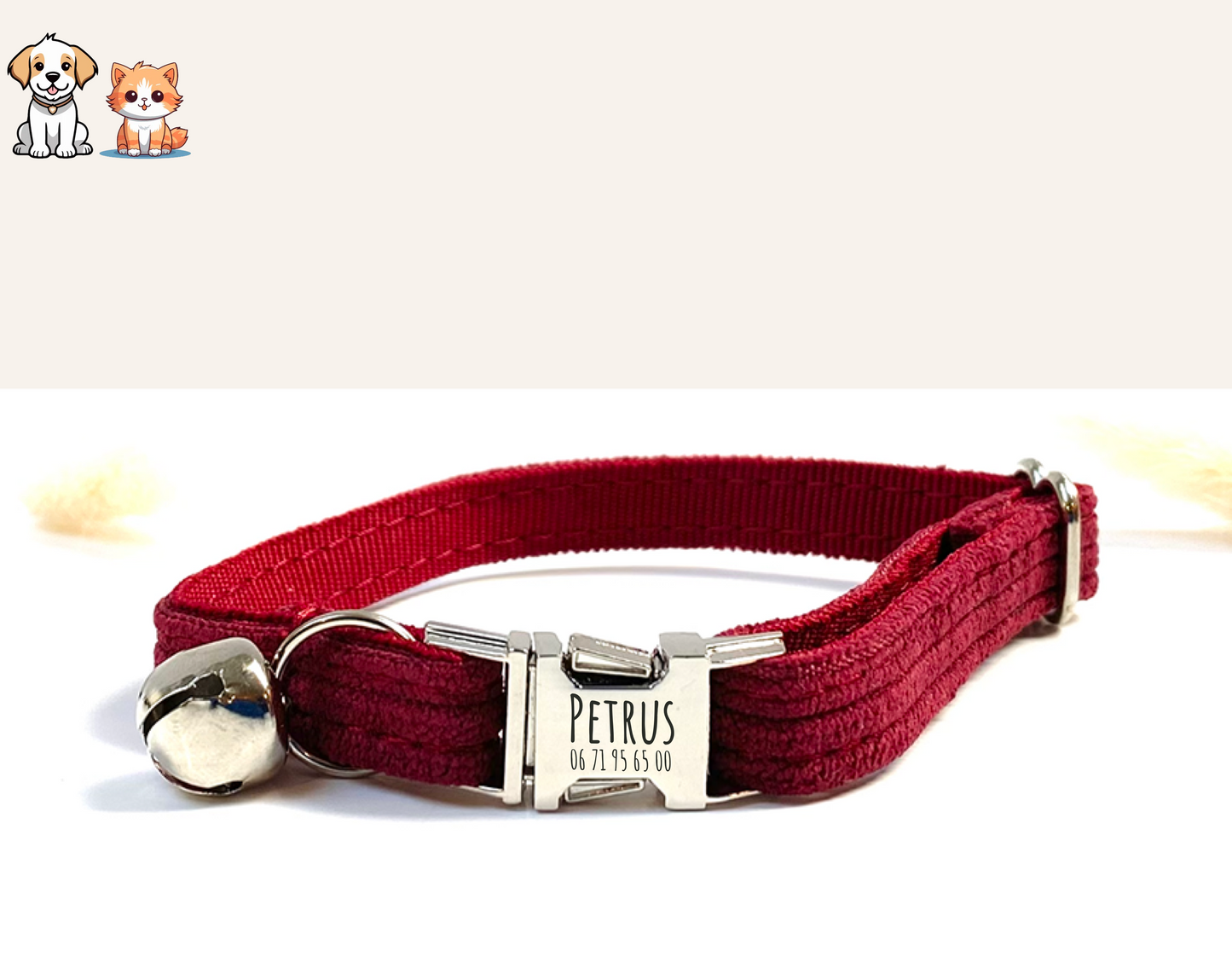 Collier Chat Personnalisé Velours Côtelé Bordeaux