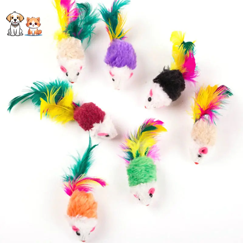 Ensemble de dix souris en peluche avec plumes colorées pour chat