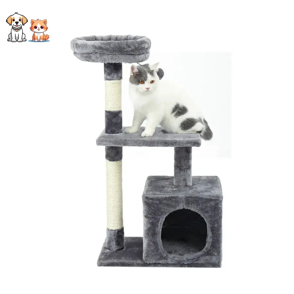 Rascador para gatos XXL gris con plataforma y bola colgante