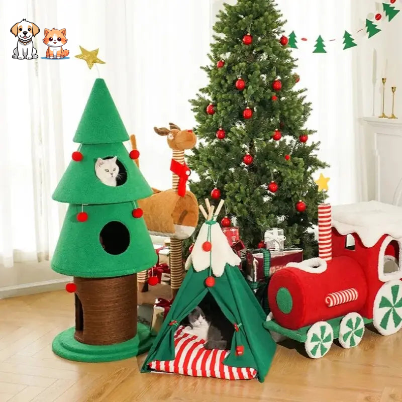 Casa para gatos con forma de tienda navideña y nieve artificial