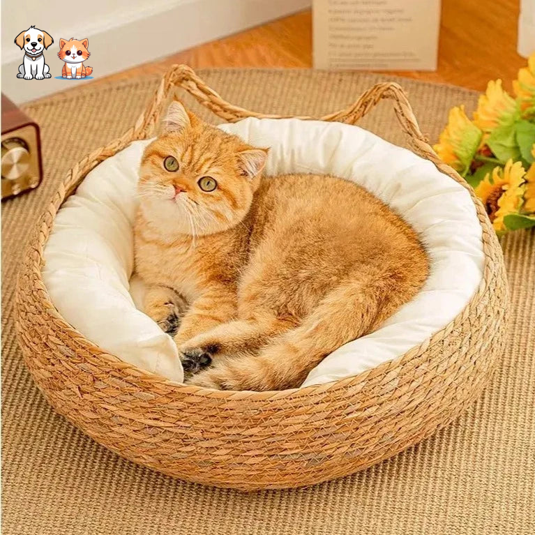 Cojín redondo de ratán para gatos con orejas de gato
