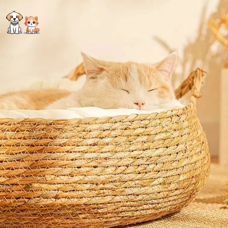 Cojín redondo de ratán para gatos con orejas de gato