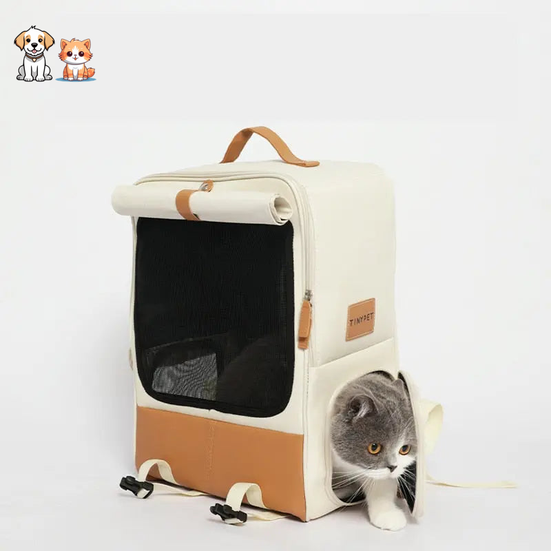 Large capacity foldable leather and Oxford fabric cat backpack