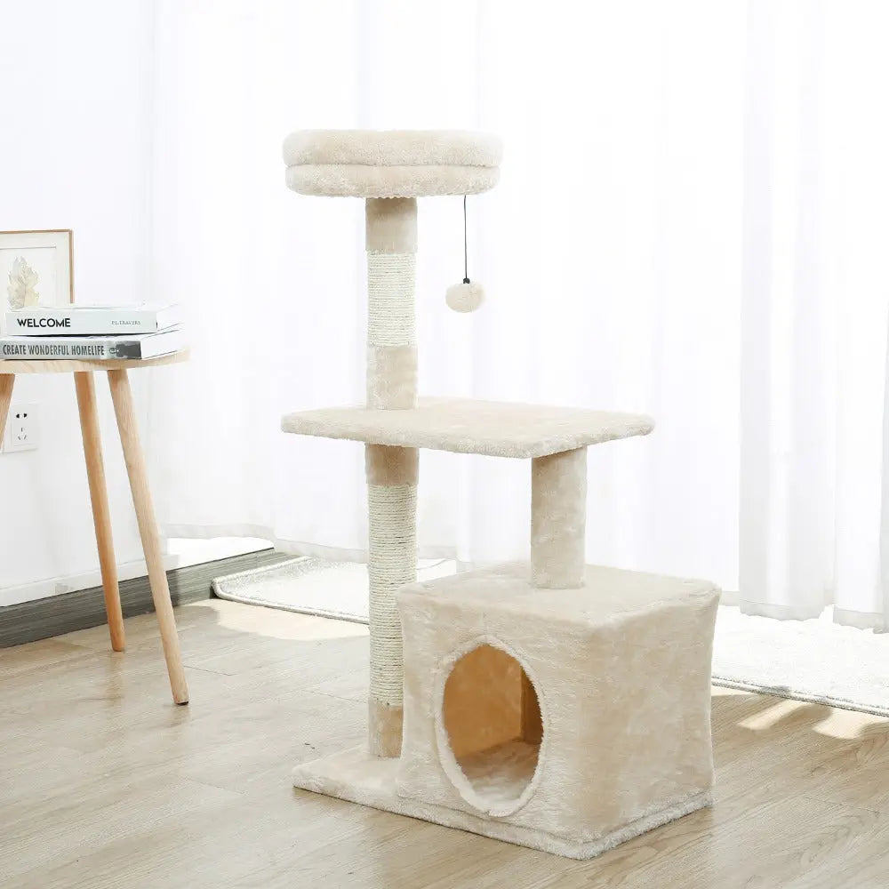 Arbre à chat XXL beige avec plateforme et boule pendante