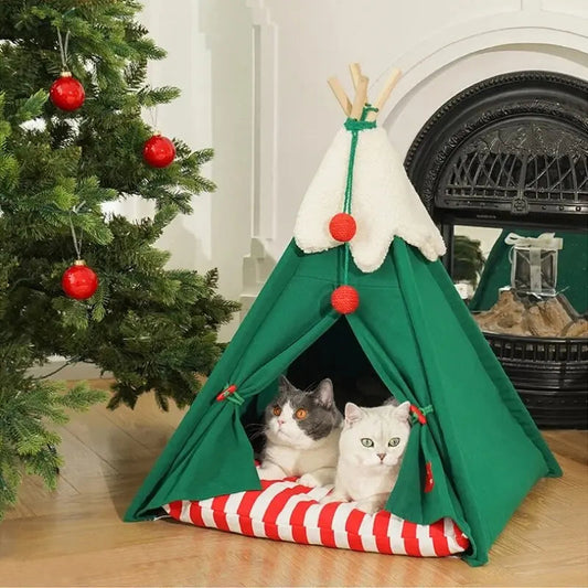 Cabane Pour Chat En Forme De Tente De Noël Avec De La Fausse Neige