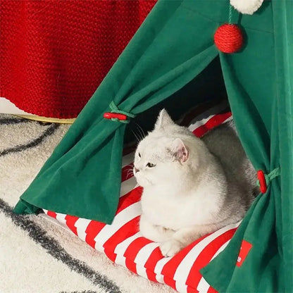 Cabane Pour Chat En Forme De Tente De Noël Avec De La Fausse Neige