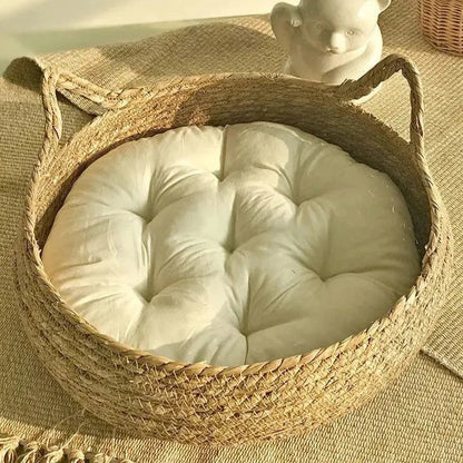 Coussin Chat Rond En Rotin Avec Des Oreilles De Chat