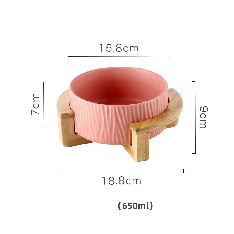 Gamelle pour chat design en céramique avec stries et avec support en bois - Tendre Fripouille