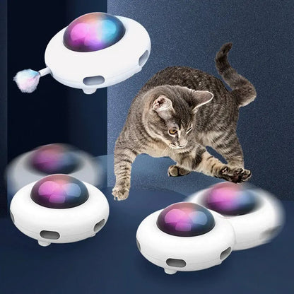 Jouet intelligent lumineux et rechargeable en forme d'ovni avec plumes pour chat