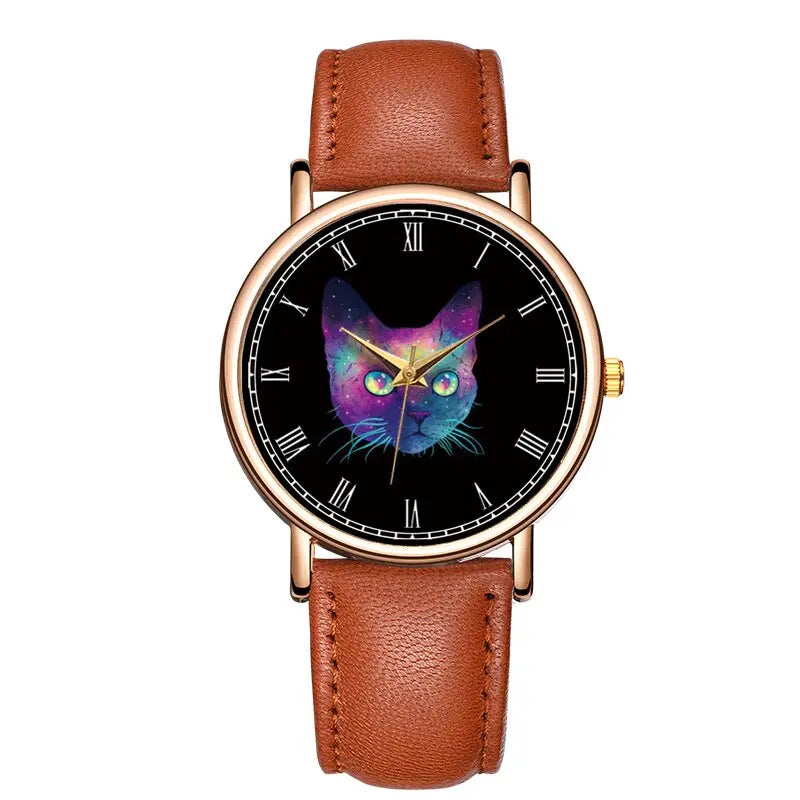 Montre à quartz en cuir avec impression de chat pour femme