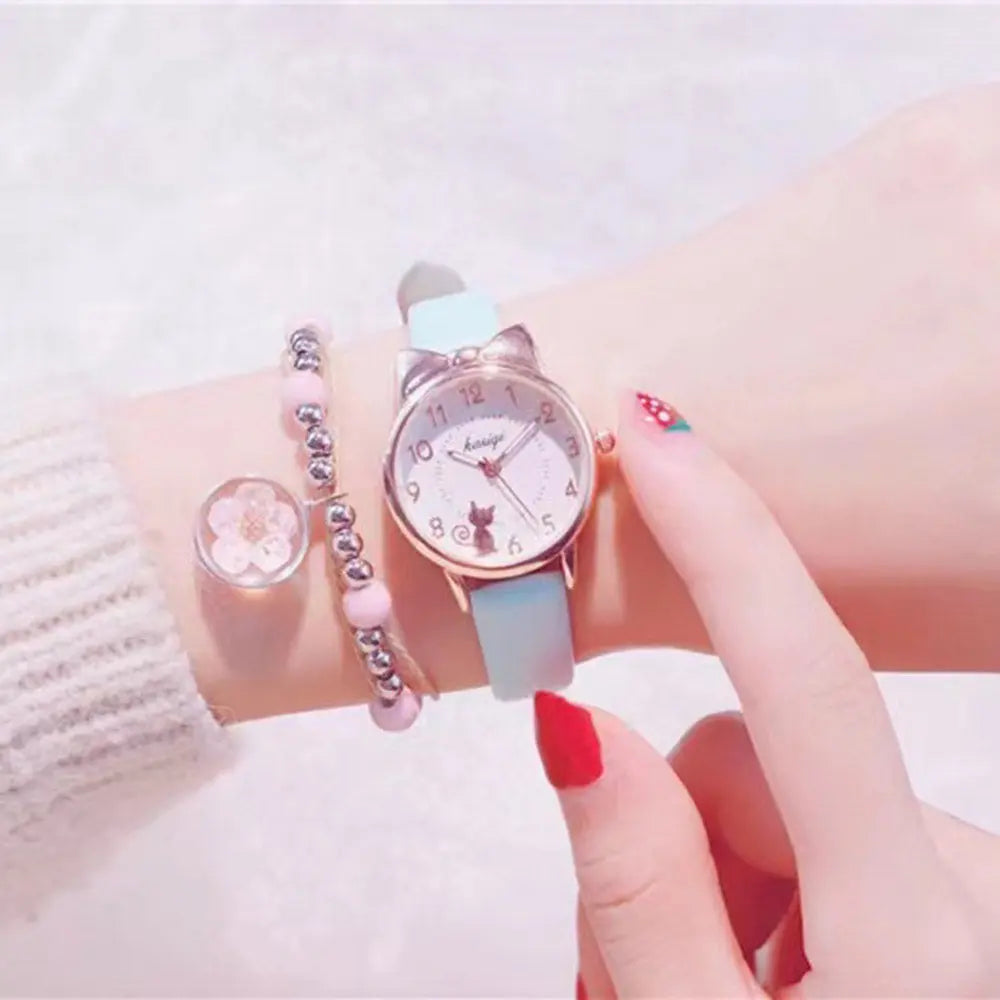 Montre à quartz avec oreilles de chat pour fille