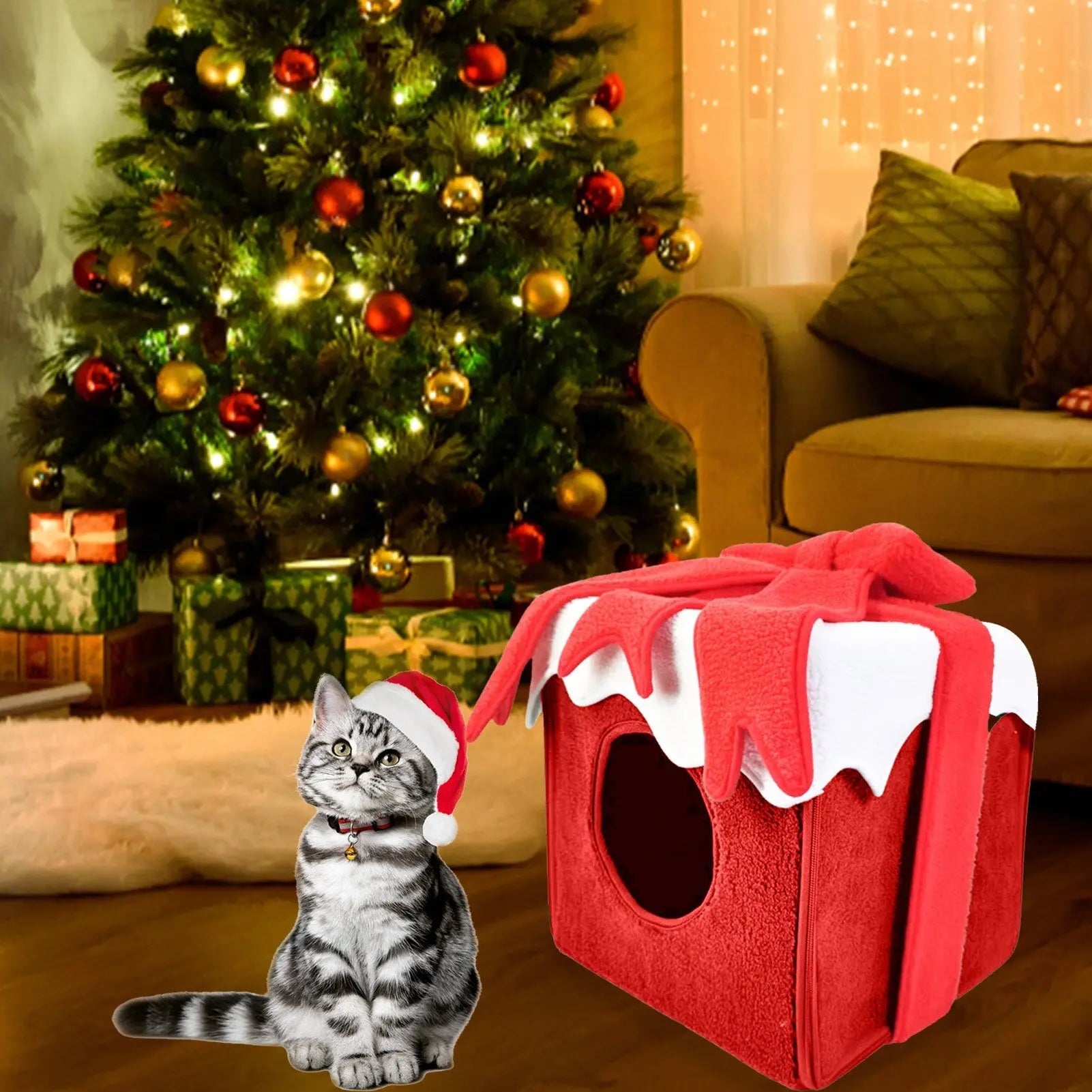 Noël cabane Lit pour Chat et Chien, fermée, doux et confortable - NoëlChatCadeau™