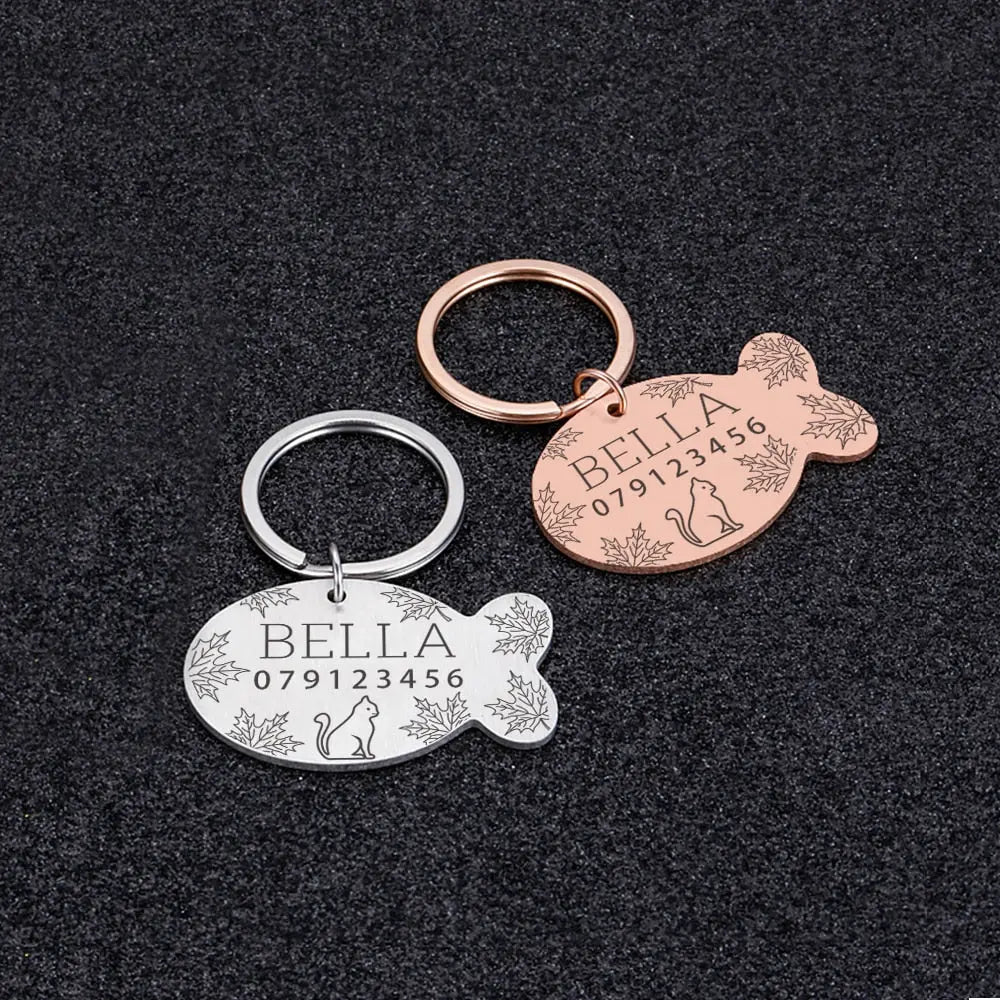 Plaque de collier personnalisée avec gravure en forme de poisson en acier inoxydable pour chat