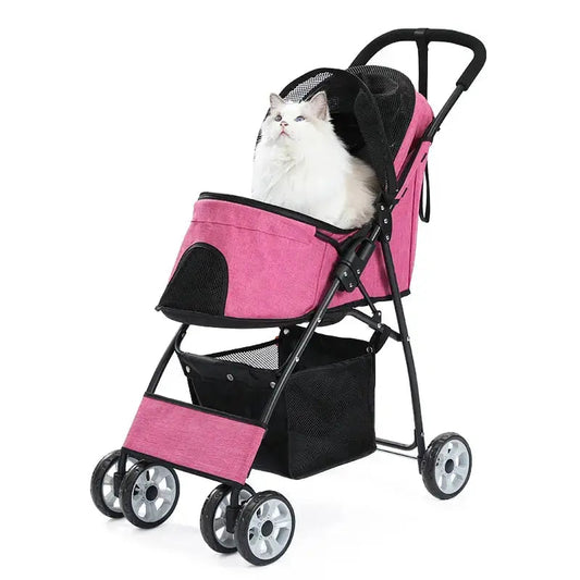 Poussette pliable rose avec fenêtre en maille pour chat