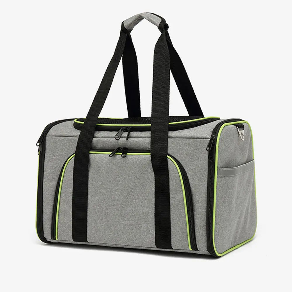 Sac de transport pliable et respirant vert et gris pour chat