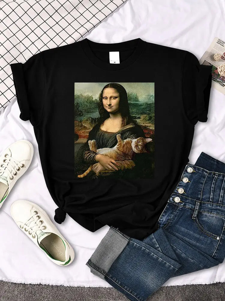 T-shirt Mona Lisa étreignant un chat