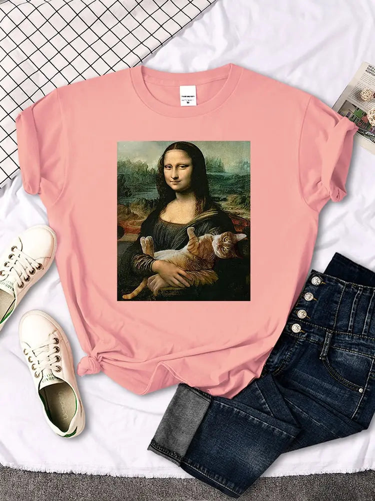 T-shirt Mona Lisa étreignant un chat