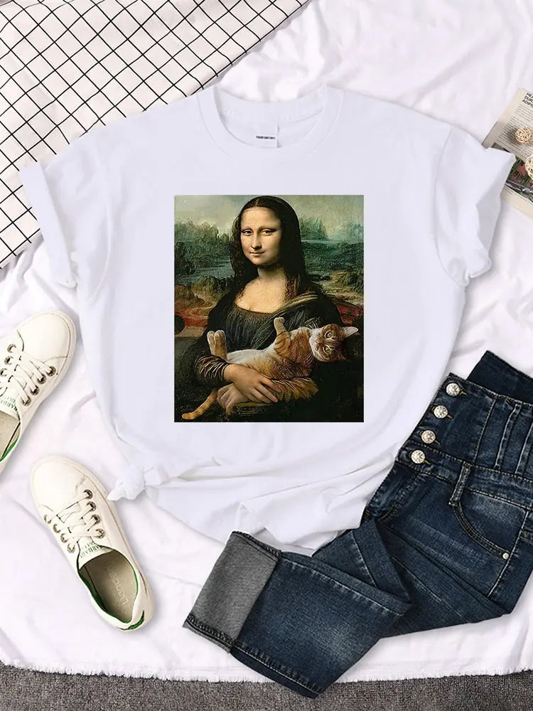 T-shirt Mona Lisa étreignant un chat