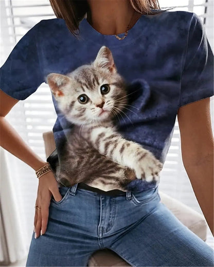 T-shirt avec chat mignon imprimé en 3D pour femme