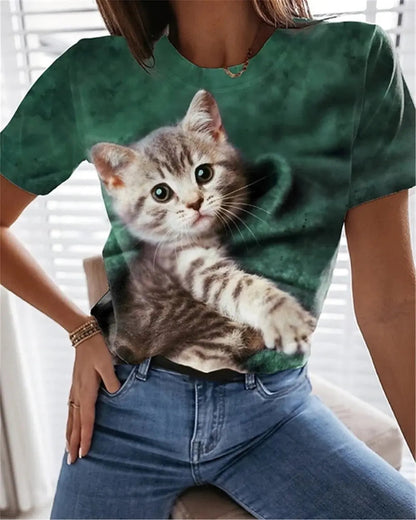 T-shirt avec chat mignon imprimé en 3D pour femme