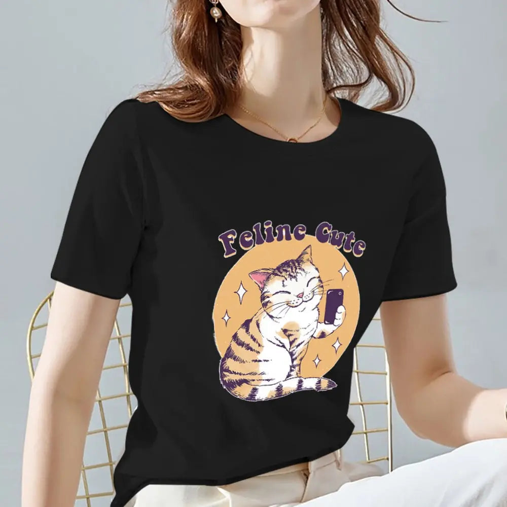 T-shirt décontracté avec imprimé à motif de chat pour femme