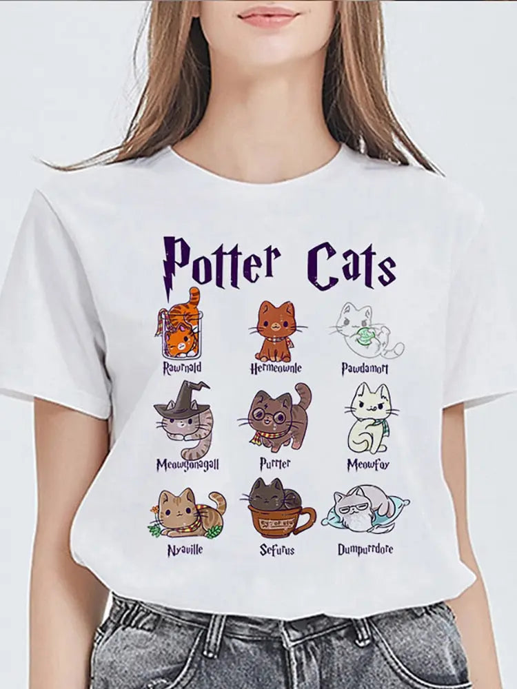 T-shirt manches courtes avec chats imprimés pour femme