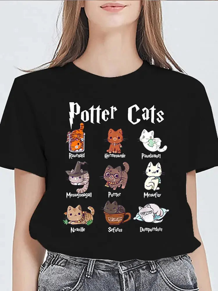 T-shirt manches courtes avec chats imprimés pour femme