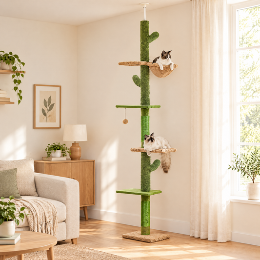 Arbre à chat cactus à cinq niveaux dans un salon lumineux