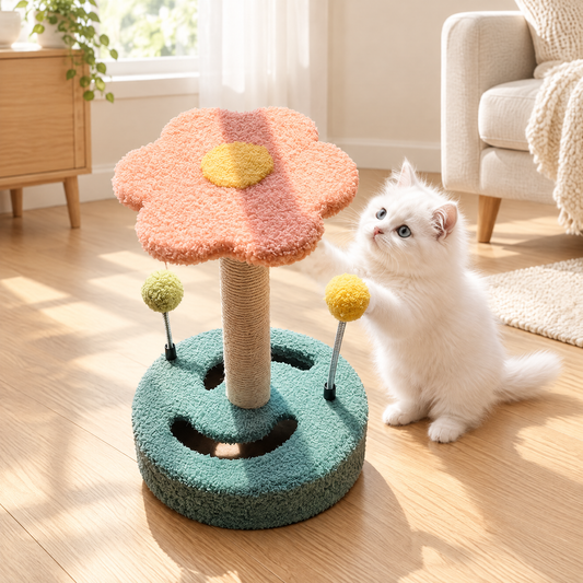 Arbre à chat en forme de fleur dans un salon lumineux