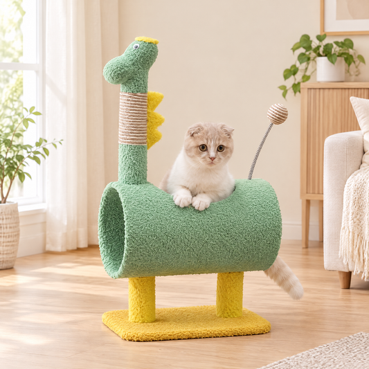 Arbre d'escalade en design de dinosaure pour chat dans un salon lumineux