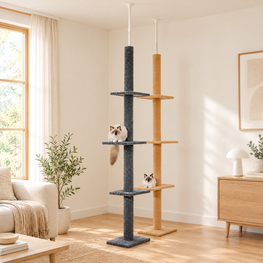 Arbre d'escalade pour chat à cinq niveaux dans un salon lumineux