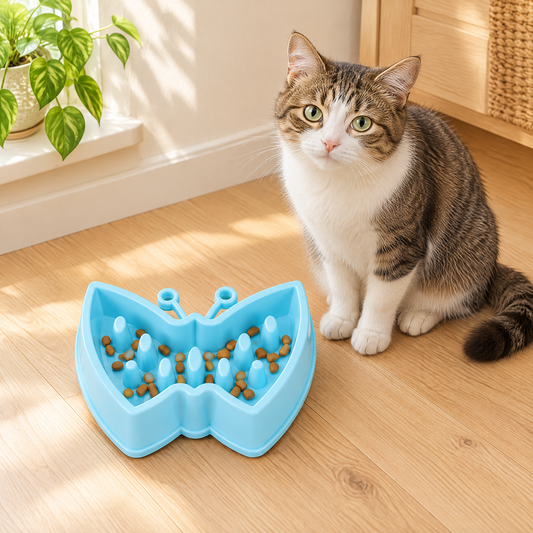 Bol anti glouton pour chat dans un salon lumineux