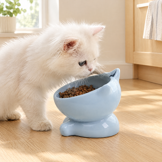 Bol en céramique à pieds hauts pour chat dans un salon lumineux