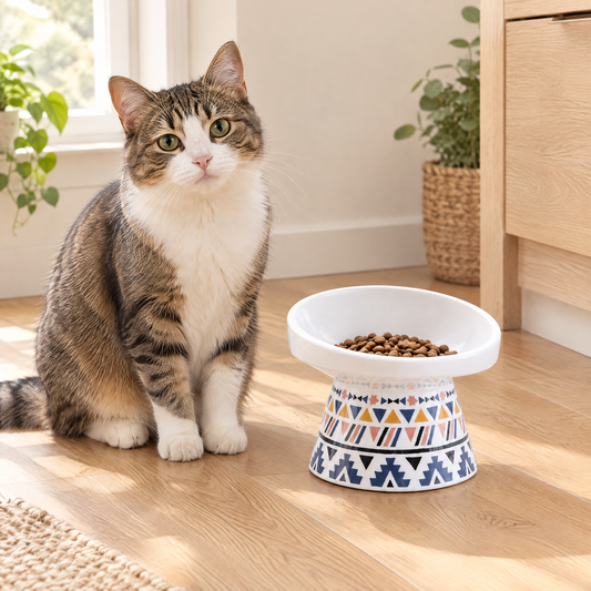 Bol ergonomique pour chat dans un salon lumineux