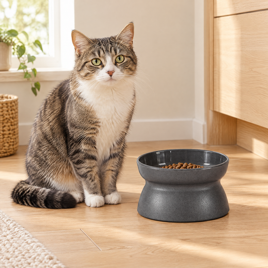 Bol surélevé pour chat dans un salon lumineux