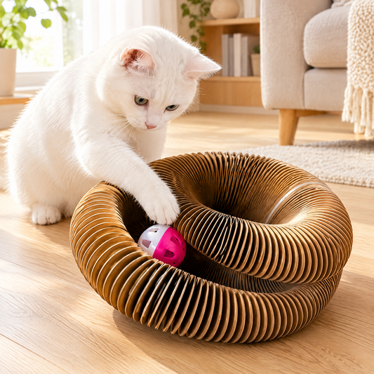 Griffoir accordéon en carton ondulé avec balle pour chat dans un salon lumineux