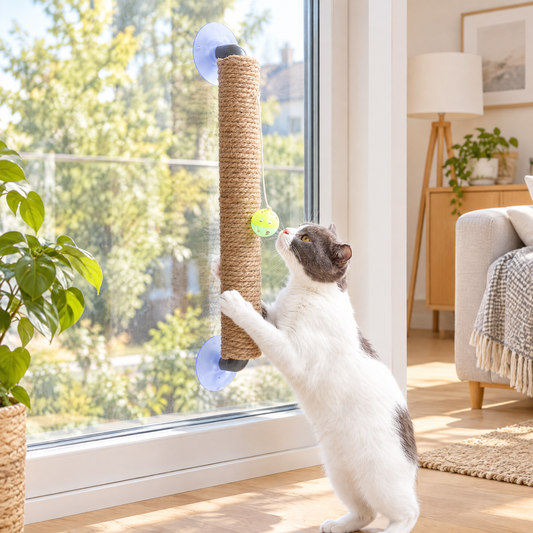 Jouet à gratter avec boule pour chat dans un salon lumineux