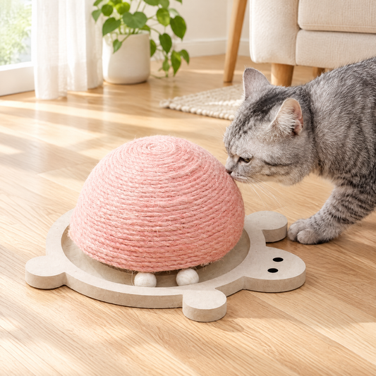 Jouet à gratter durable en forme de tortue en sisal pour chat dans un salon lumineux