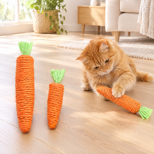 Jouet carotte à mâcher pour chats dans un salon lumineux