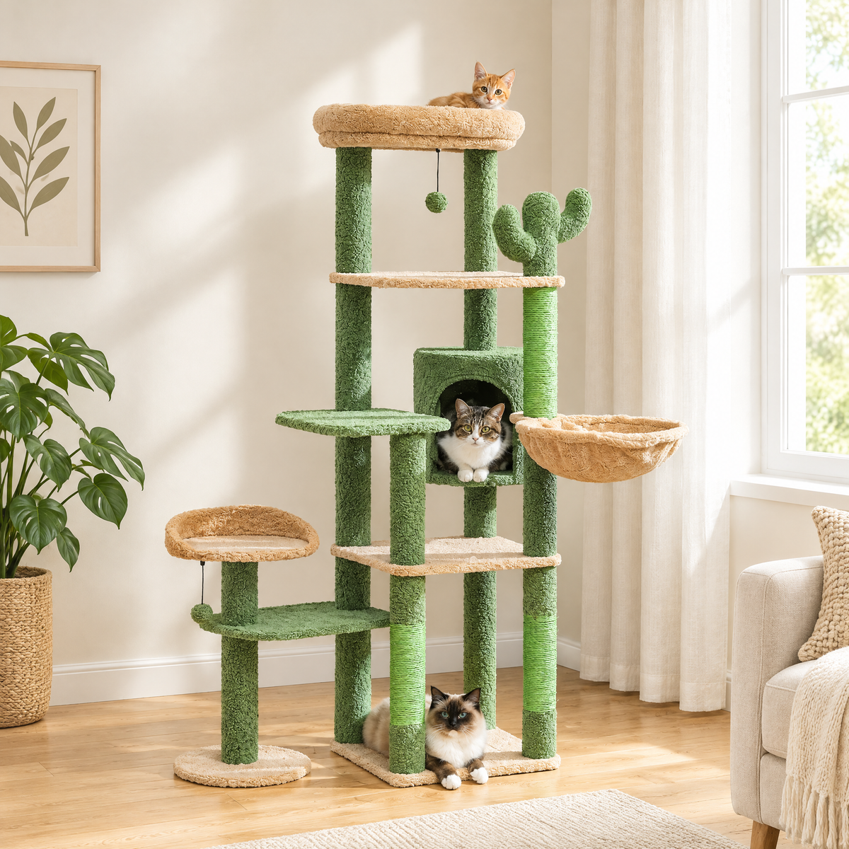 Grand arbre à chat cactus 150 cm dans un salon lumineux