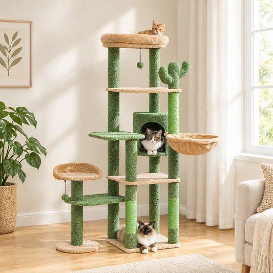Grand arbre à chat cactus 150 cm dans un salon lumineux