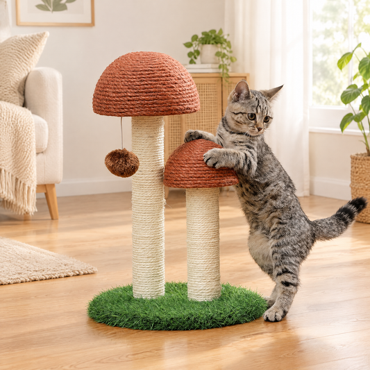 Petit arbre à chat en forme de champignon dans un salon lumineux