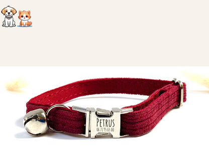 Collier Chat Personnalisé Velours Côtelé Bordeaux