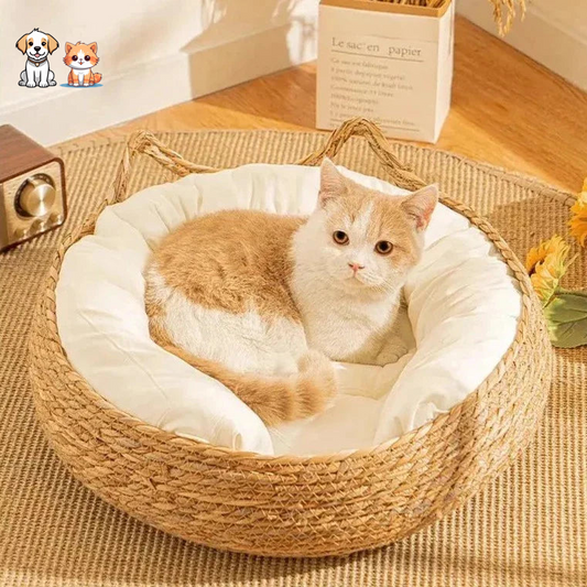 Cojín redondo de ratán para gatos con orejas de gato