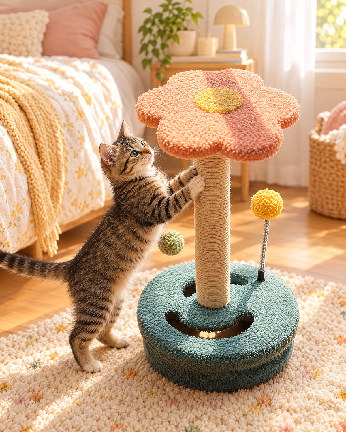 Chaton qui griffe un griffoir en forme de fleur