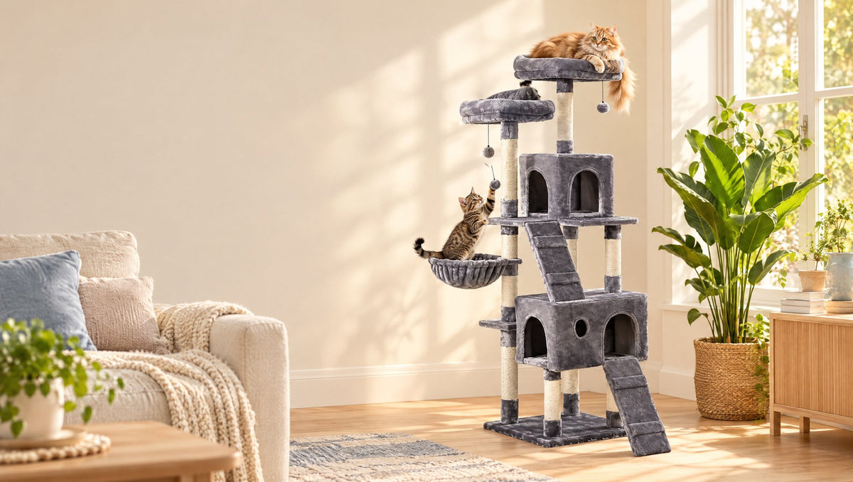 Deux chats jouent sur un arbre à chat gris dans un salon lumineux