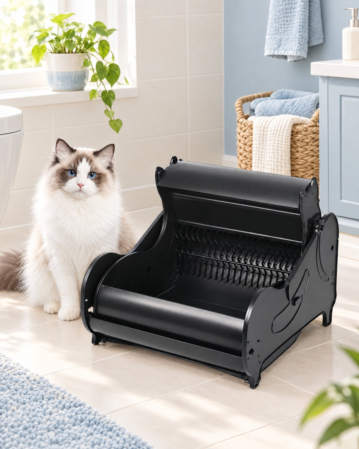 Chat assis à côté d'une litière automatique noire dans une salle de bain claire