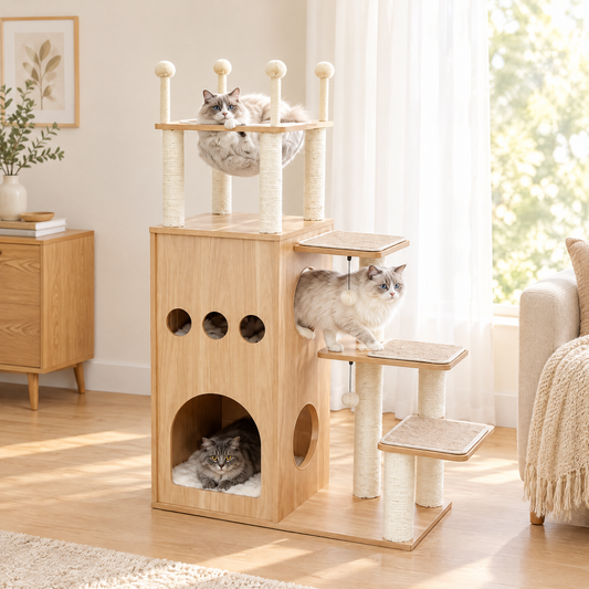Tour d'arbre à chat moderne pour Main coon dans un salon lumineux